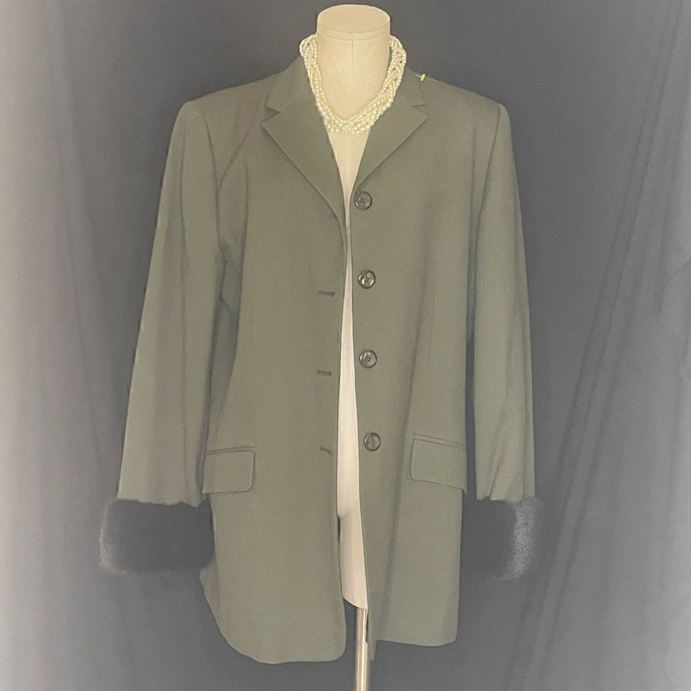 Vintage Charm: Green Blazer with Black Faux Fur Cuffs by Collection by Harve B